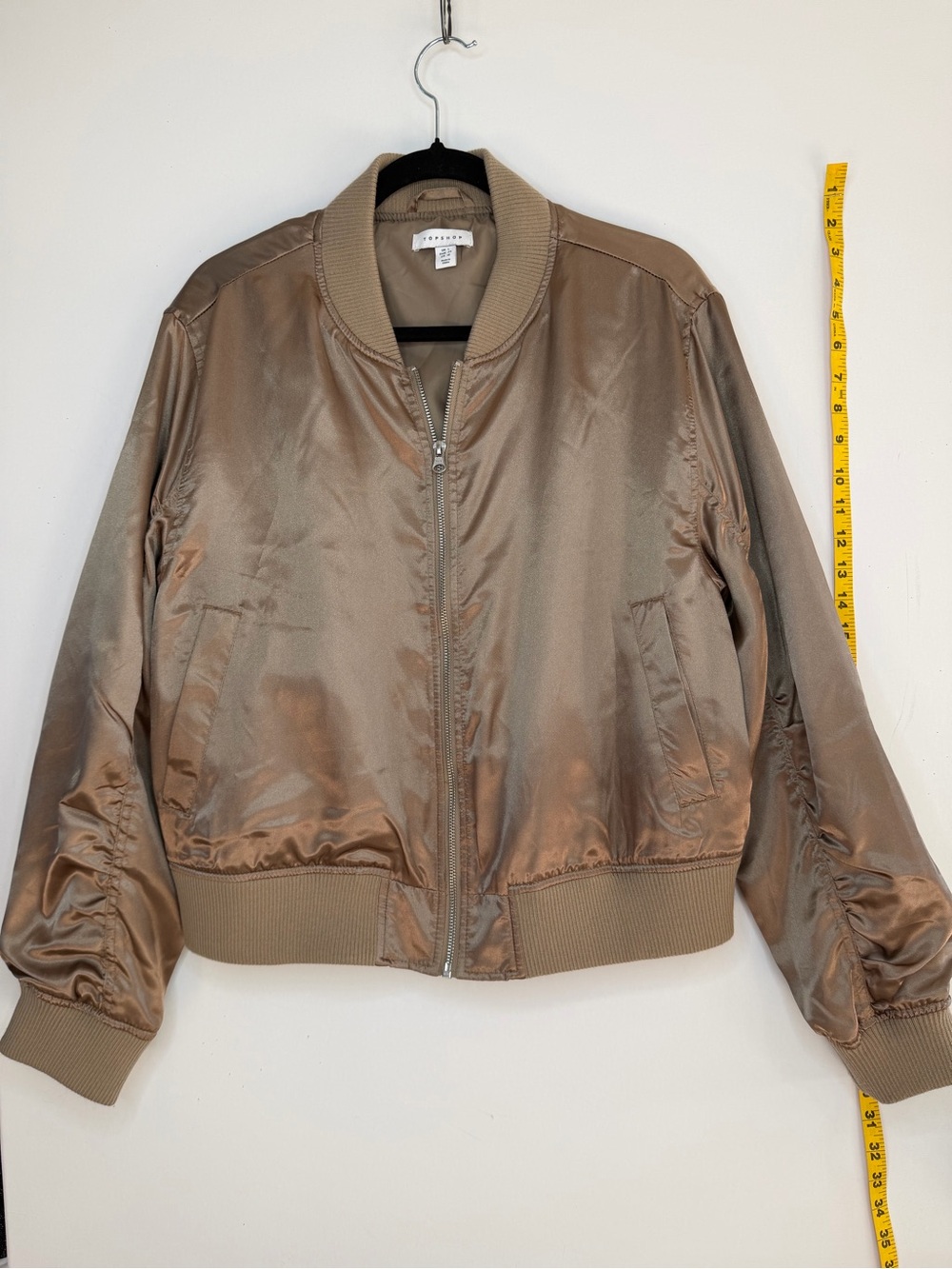 Topshop Shiny Taupe Satin Bomber Jacket - Women's